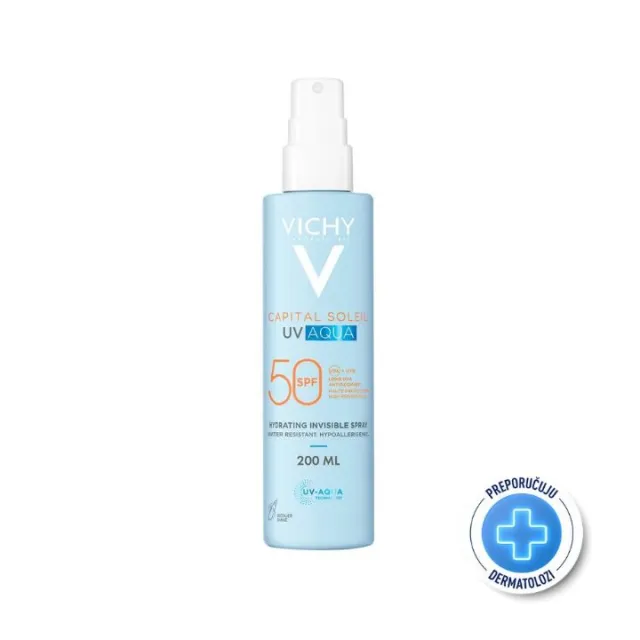 VICHY CAPITAL COLEIL UV AQUA HIDRIRAJUĆI SPREJ ZA LICE I TELO SPF50 VISOKA ZAŠTITA, 200 ml