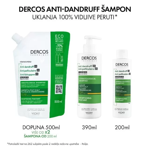 VICHY DERCOS Šampon protiv peruti za suvu kosu ECO REFILL 500ML