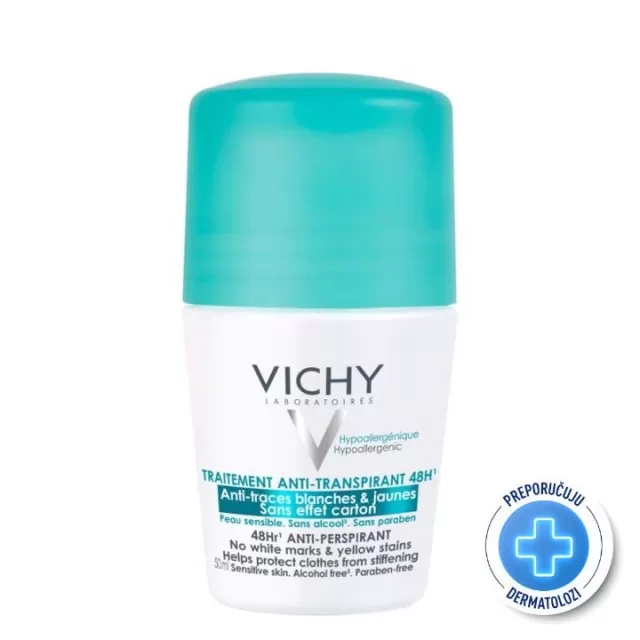 VICHY DÉODORANT Roll-on dezodorans za regulaciju prekomernog znojenja do 48h bez belih tragova i žutih fleka, 50 ml