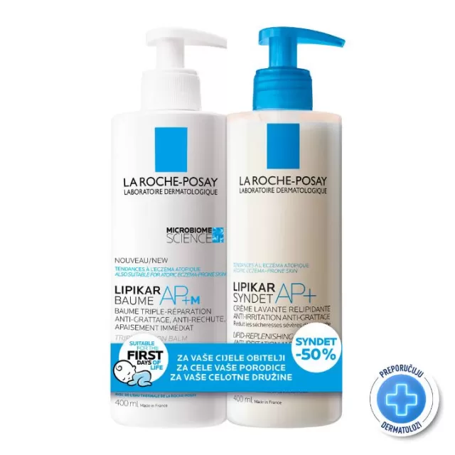 La Roche-Posay LIPIKAR rutina za negu suve i osetljive kože, pogodna za celu porodicu. (LIPIKAR BAUME AP+M  Balzam protiv iritacije i svraba, 400 ml + LIPIKAR SYNDET AP+ Kremasti gel za tuširanje, 400 ml)