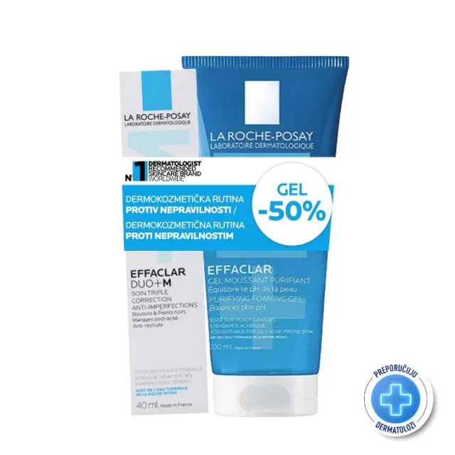 La Roche-Posay EFFACLAR DUO+M Trostruka korektivna nega protiv nepravilnosti masne kože i začepljenih pora, 40 ml + La Roche-Posay EFFACLAR Penušavi gel za čišćenje masne, osetljive kože sklone aknama, 200 ml