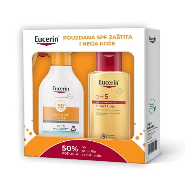 Eucerin PROMO SUN Sprej na pumpicu za zaštitu osetljive dečje kože od sunca SPF 50+ 250ml + pH5 ulje za tusiranje 200ml