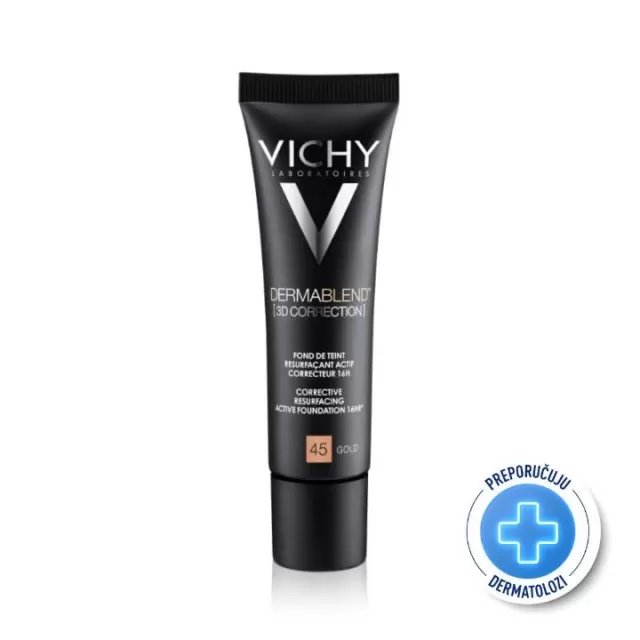 VICHY DERMABLEND 3D CORRECTION SPF25Korektivni puder za masnu kožu sklonu aknama s visokim stepenom prekrivanja, 30 ml, 45 Gold