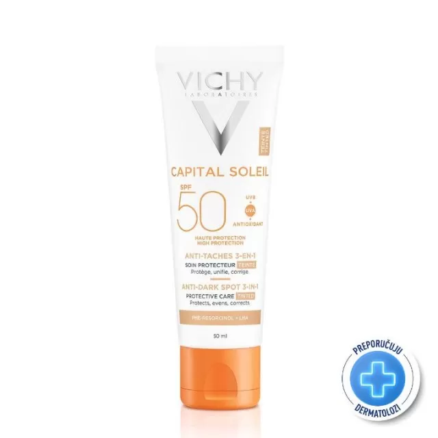 VICHY SUN CAPITAL SOLEIL Obojena zaštitna krema 3 u 1 SPF50+ protiv tamnih fleka, 50ml