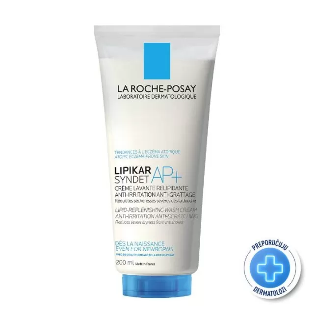 La Roche-Posay LIPIKAR SYNDET AP+ Kremasti gel za tuširanje obogaćen lipidima za svakodnevno pranje osetljive suve kože s osećajem svraba i iritacija, pogodno za bebe, decu i odrasle, 200 ml