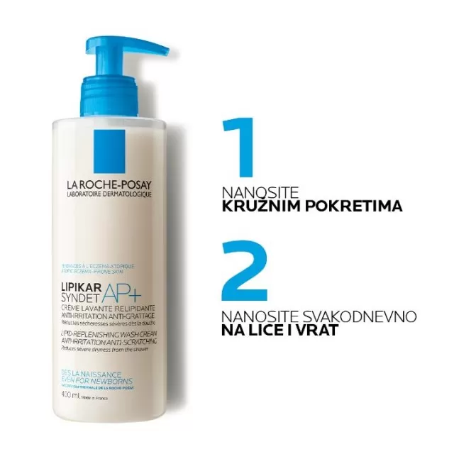 La Roche-Posay LIPIKAR SYNDET AP+ Kremasti gel za tuširanje obogaćen lipidima za svakodnevno pranje osetljive suve kože s osećajem svraba i iritacija, pogodno za bebe, decu i odrasle, 200 ml