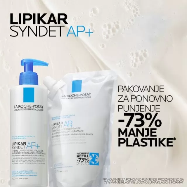 La Roche-Posay LIPIKAR SYNDET AP+ Kremasti gel za tuširanje obogaćen lipidima za svakodnevno pranje osetljive suve kože s osećajem svraba i iritacija, pogodno za bebe, decu i odrasle, 400 ml