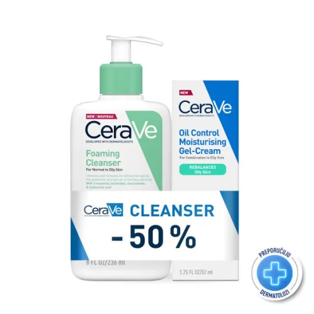 CeraVe Penušavi gel za čišćenje za normalnu do masnu kožu, 236 ml + CeraVe Hidratantna gel krema za masnu kožu, 52 ml