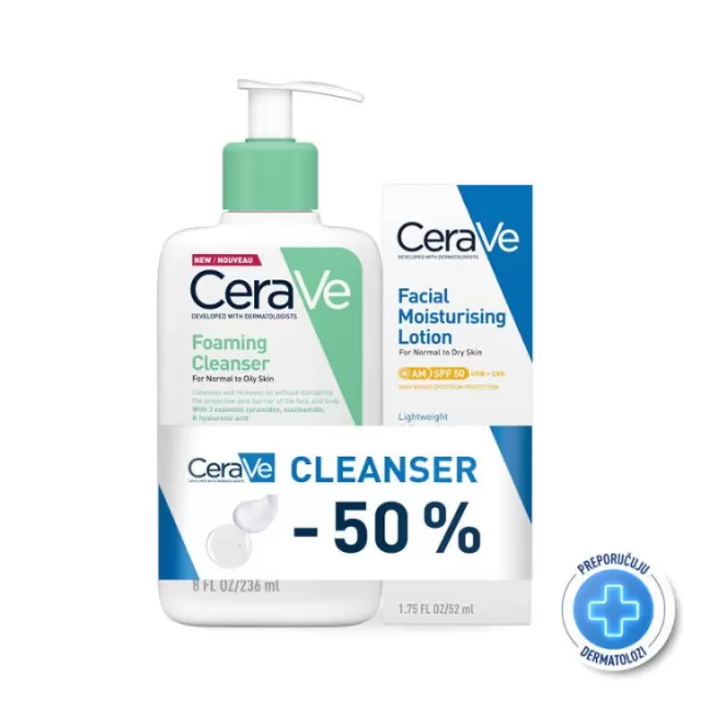 CeraVe Penušavi gel za čišćenje za normalnu do masnu kožu, 236 ml + CeraVe Hidratantna nega za lice za normalnu do suvu kožu SPF50, 52 ml