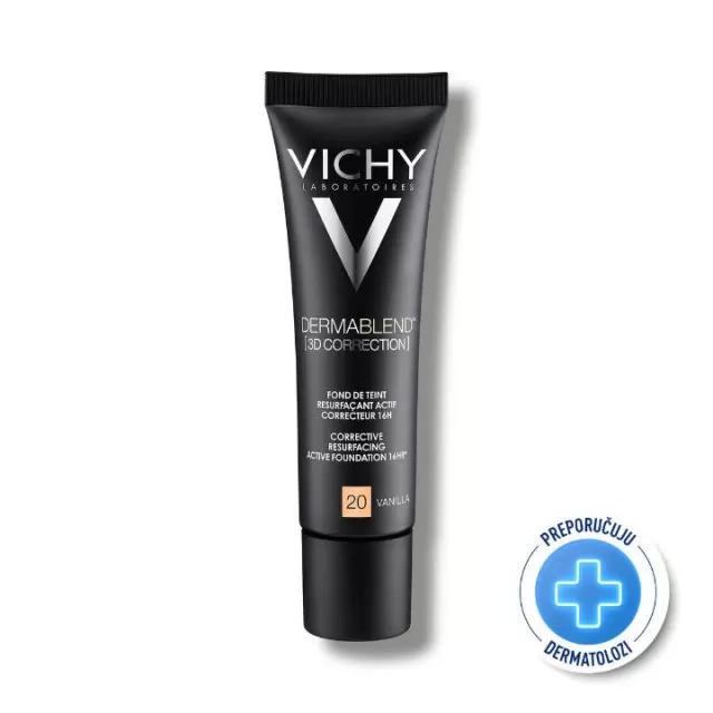VICHY DERMABLEND 3D CORRECTION SPF 25 Korektivni puder za masnu kožu sklonu aknama s visokim stepenom prekrivanja, 30 ml, 20 Vanilla