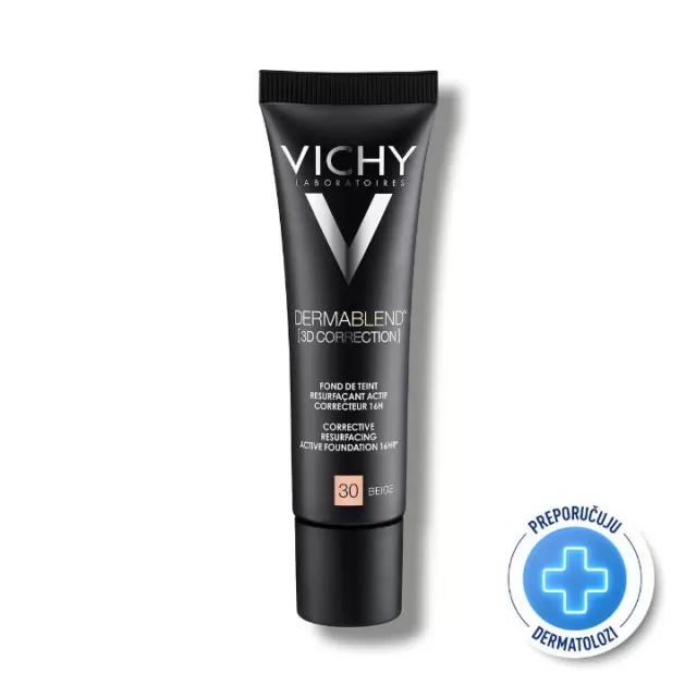 VICHY DERMABLEND 3D CORRECTION SPF 25 Korektivni puder za masnu kožu sklonu aknama s visokim stepenom prekrivanja, 30 ml, 30 Beige
