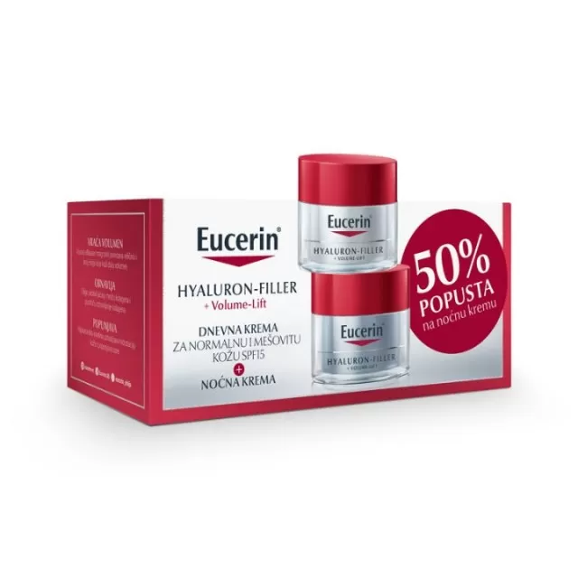 EUCERIN PROMO HYALURON-FILLER VOLUME-LIFT DNEVNA KREMA ZA NORMALNU I MEŠOVITU KOŽU+NOĆNA KREMA SA 50% POPUSTA