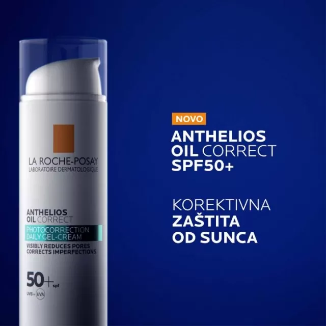 La Roche-Posay ANTHELIOS OIL CORRECT SPF50+ Gel-krema za zaštitu od sunca i za fotokorekciju, vidljivo umanjuje pore i koriguje nepravilnosti, 50 ml