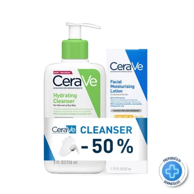 CERAVE HIDRATANTNA NEGA ZA LICE ZA NORMALNU DO SUVU KOŽU SPF30, 52 ML + CERAVE HIDRATANTNA EMULZIJA ZA ČIŠĆENJE ZA NORMALNU DO SUVU KOŽU, 236 ML