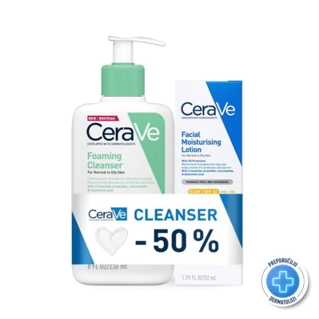 CERAVE HIDRATANTNA NEGA ZA LICE ZA NORMALNU DO SUVU KOŽU SPF30, 52 ML + CERAVE PENUŠAVI GEL ZA ČIŠĆENJE ZA NORMALNU DO MASNU KOŽU, 236 ML