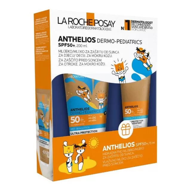 LA ROCHE-POSAY ANTHELIOS DP WET SKIN LOSION ZA ZAŠTITU OD SUNCA ZA MOKRU ILI SUVU KOŽU ZA DECU SPF50+, 200 ML  + HIDRATANTNI LOSION ZA ZAŠTITU OD SUNCA ZA LICE I TELO SPF50+, 75 ML