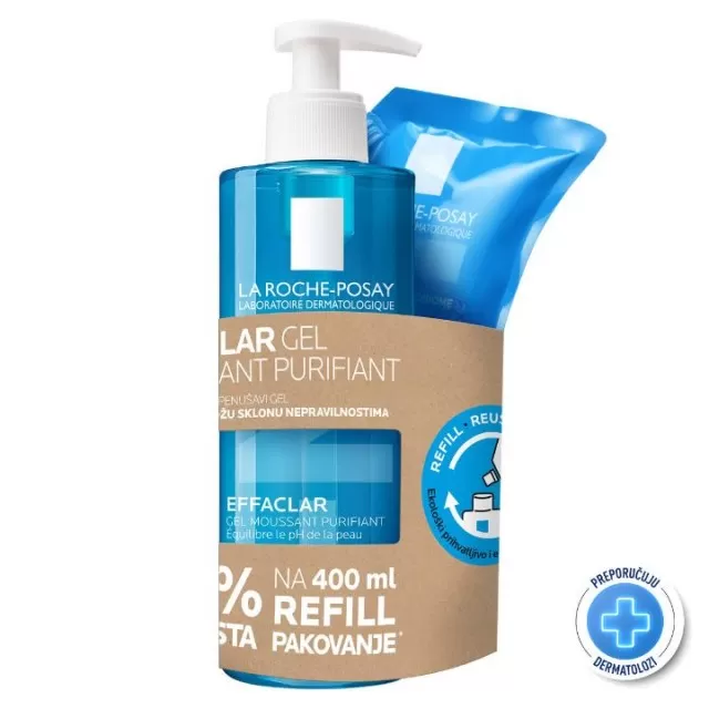 La Roche-Posay EFFACLAR Penušavi gel za čišćenje masne, osetljive kože sklone aknama 400 ml + REFILL PAKOVANJE 400 ml