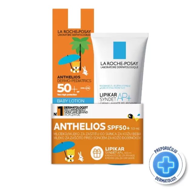 LA ROCHE-POSAY ANTHELIOS SPF 50+ MLEKO ZA ZAŠTITU OD SUNCA ZA KOŽU BEBA, 50ml + LIPIKAR SYNDET AP+, 100ML