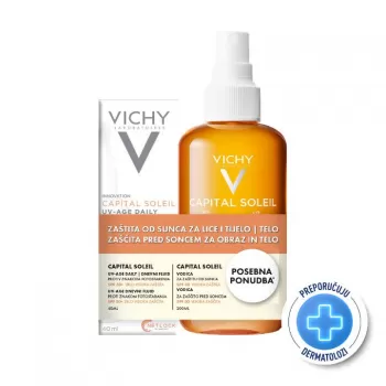 VICHY PROMO CAPITAL SOLEIL UV-AGE DAILY Vodeni fluid za zaštitu od sunca protiv znakova starenja kože SPF50+ 40 ml + Vodica za zaštitu od sunca za naglašen ten za lice i telo SPF30, 200 ml