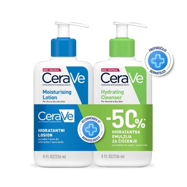 CeraVe Hidratantni losion za suvu do vrlo suvu kožu 236ml + CeraVe Hidratantna emulzija za čišćenje za normalnu do suvu kožu 236ml