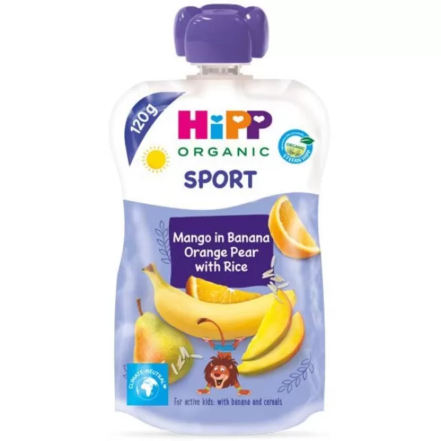 HIPP POUCH SPORT BANANA, POMORANDŽA, KRUŠKA SA PIRINČANIM BRAŠNOM 120G