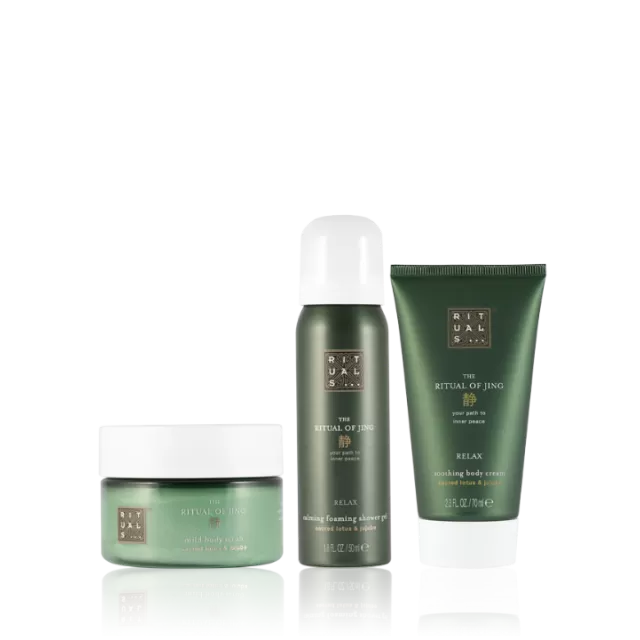 RITUALS JING SET PILIN ZA TELO + KREMA ZA TELO + PENASTI GEL ZA TUŠIRANJE
