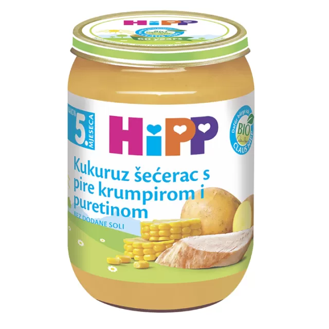 HIPP KAŠICA KUKURUZ ŠEĆERAC SA PIRE KROMPIROM I ĆURETINOM 190G