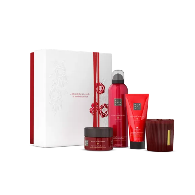 RITUALS AYURVEDA SET MEDIUM (penušavi gel 200ml + krema za telo 100ml + piling 125ml + mirisna sveća 140g)